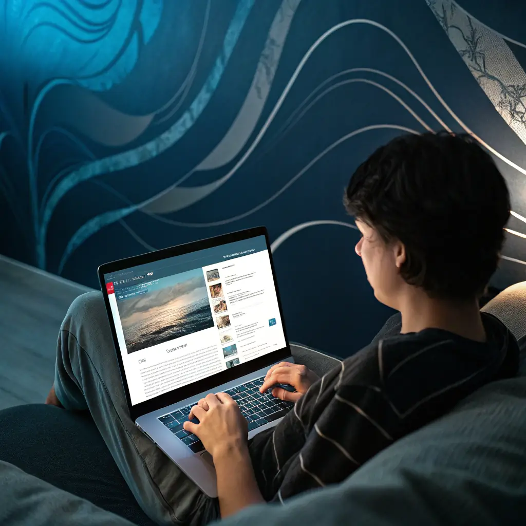 A close-up image of a person's face illuminated by the glow of a computer screen, with lines of code subtly reflected in their eyes, suggesting cybersecurity and hacking.