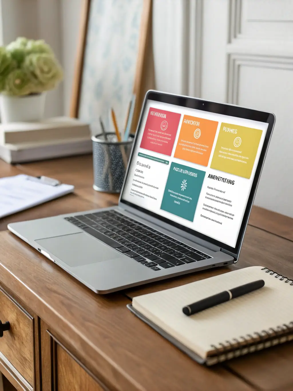 A well-structured business plan template designed for coaching businesses, featuring sections for executive summary, market analysis, strategy, and financial projections, displayed on a laptop screen.