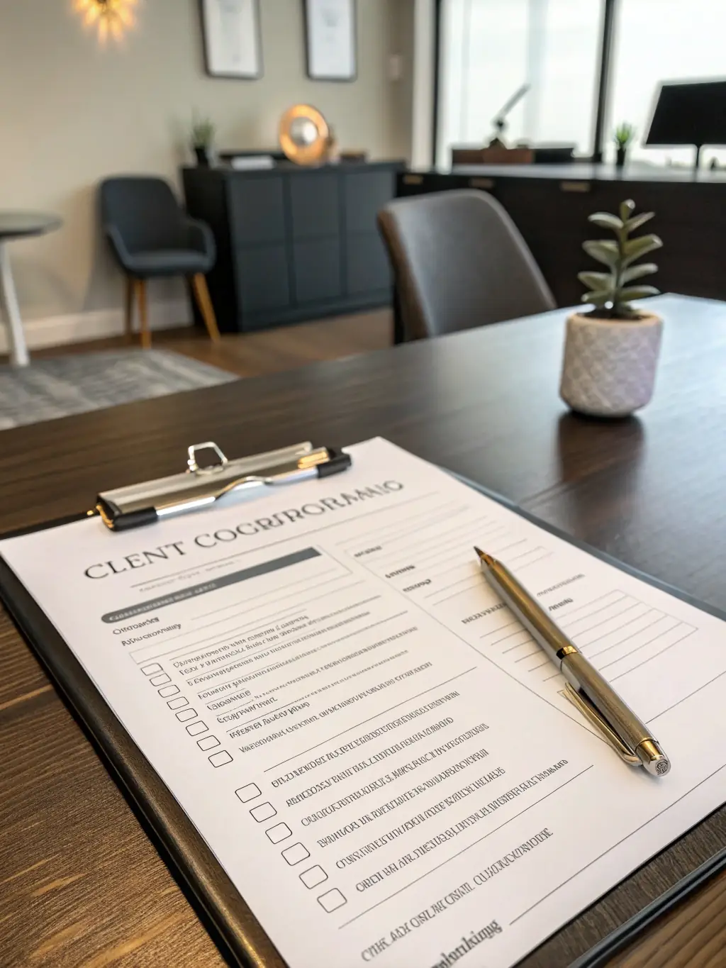 A client onboarding checklist template for coaching services, detailing steps for initial consultations, goal setting, and agreement signing, presented on a clipboard.