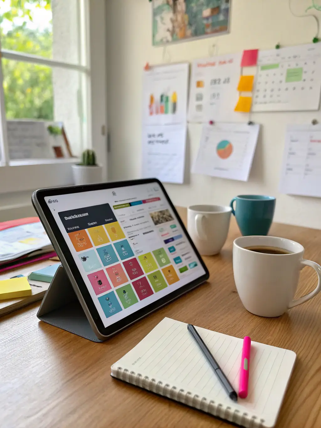 A social media content calendar template tailored for business coaches, highlighting daily posts, engagement strategies, and performance tracking, displayed on a tablet.