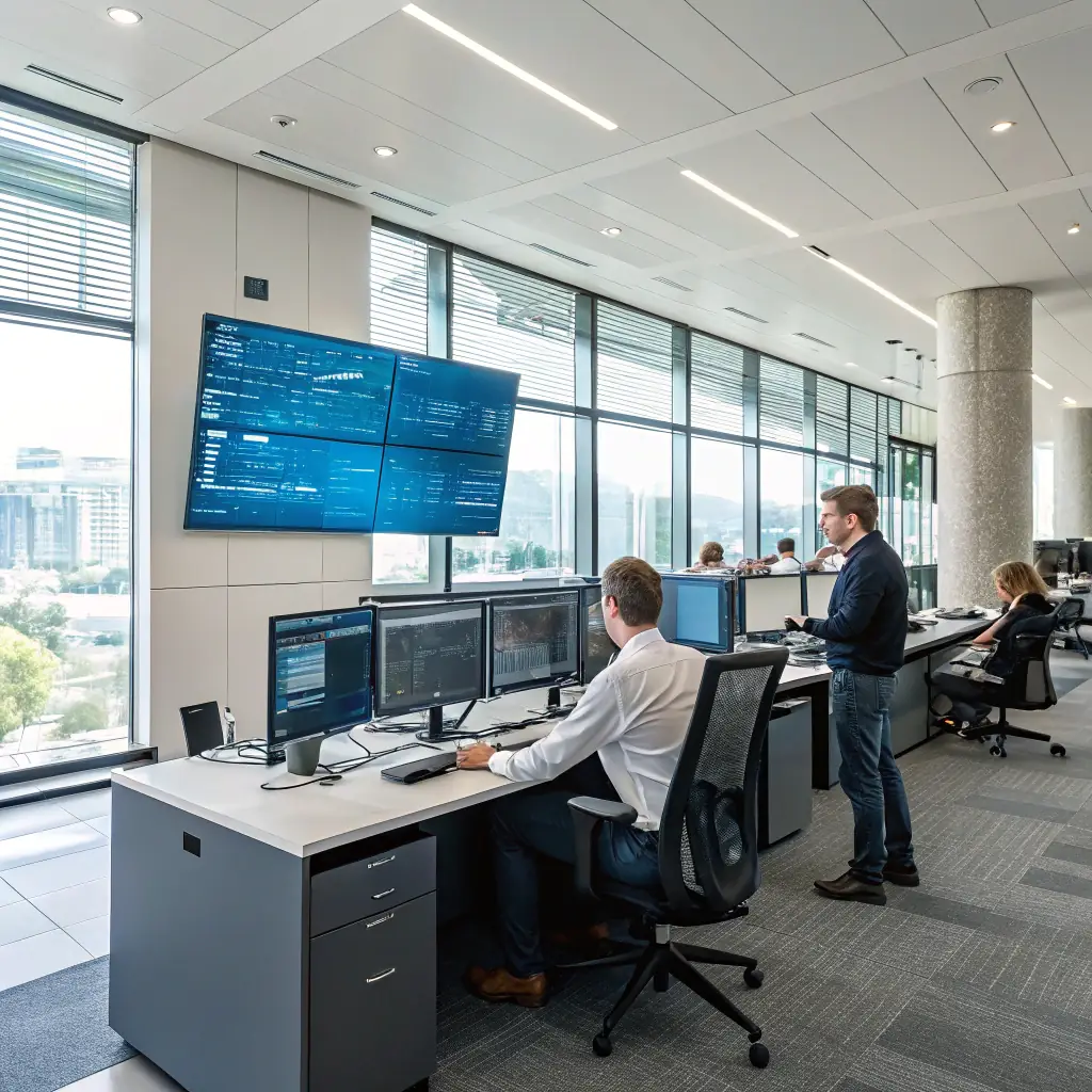 a modern, high-tech office environment with fiber optic cables and renewable energy panels, symbolizing CELINTECH's infrastructure solutions and innovative approach