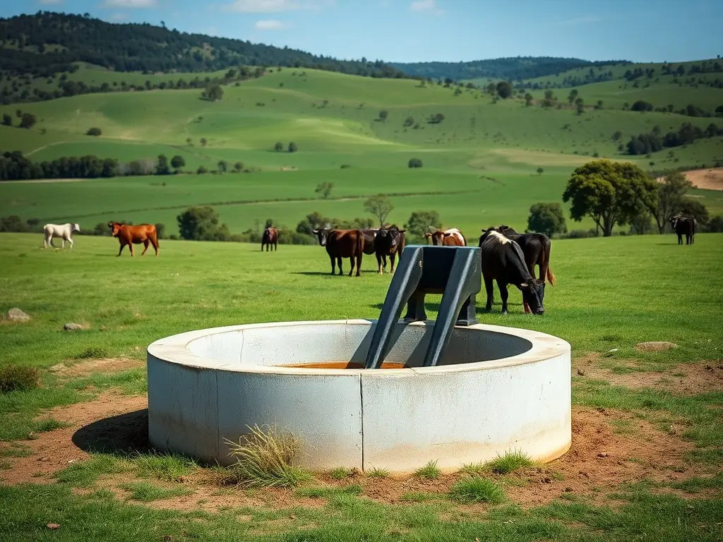 A clean, high-resolution photo of a round concrete livestock trough installed in a green rural paddock, with cattle drinking and a backdrop of Australian countryside.