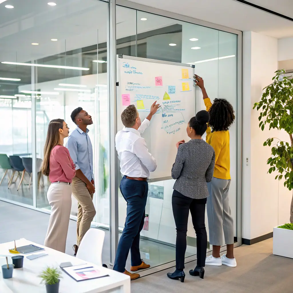 An image of a professional team collaborating in a modern office setting, brainstorming ideas on a whiteboard, symbolizing strategic planning and growth for professional services firms. The image should convey collaboration, innovation, and a focus on results.