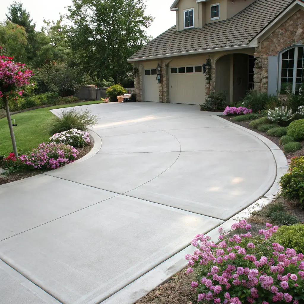A newly poured concrete driveway with a decorative stamped pattern, showcasing the quality and craftsmanship of Wilson and Sons Construction. The image should convey durability and aesthetic appeal, set in a typical Oklahoma City residential neighborhood.