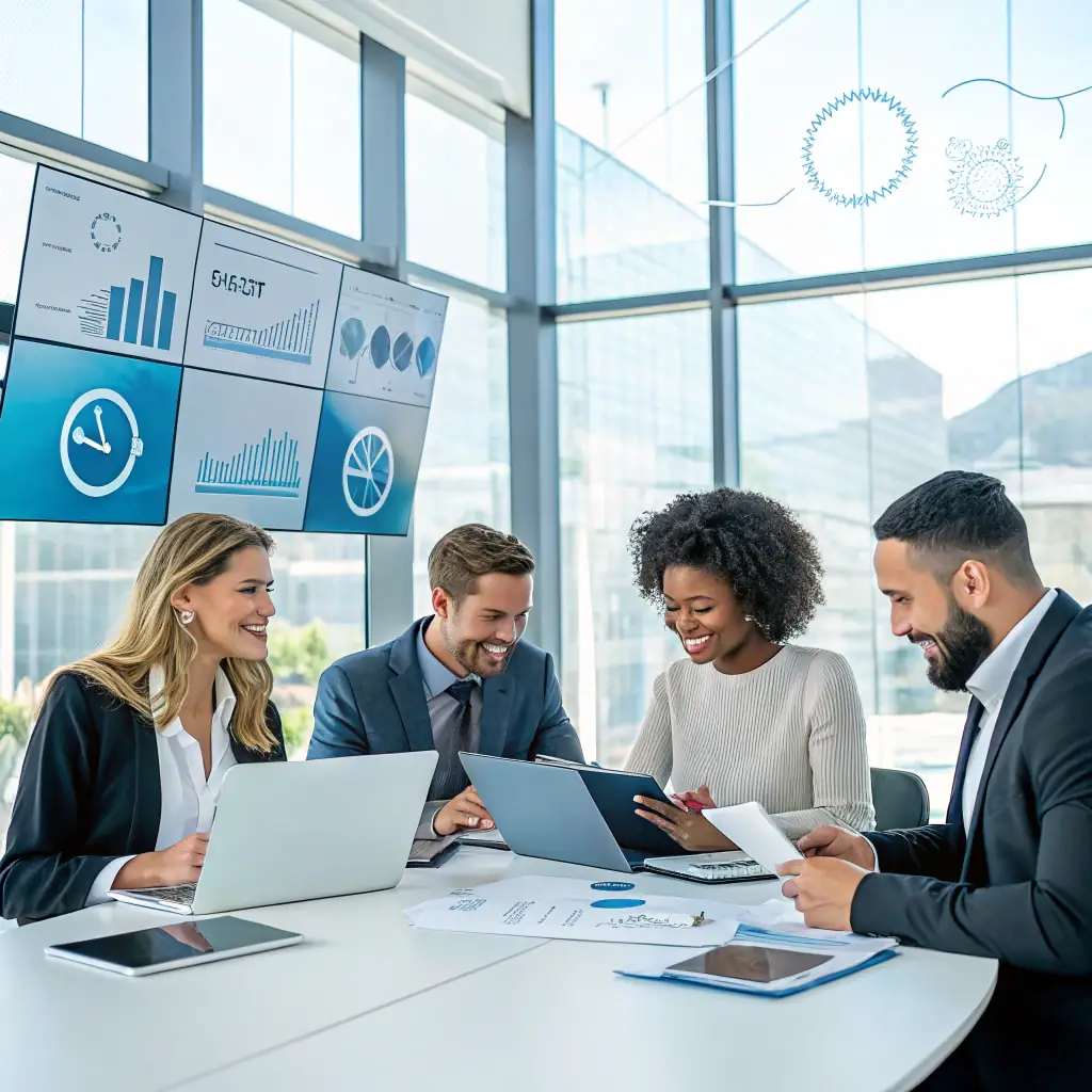 a professional team working on cybersecurity and compliance, with visual elements representing secure data and cloud infrastructure