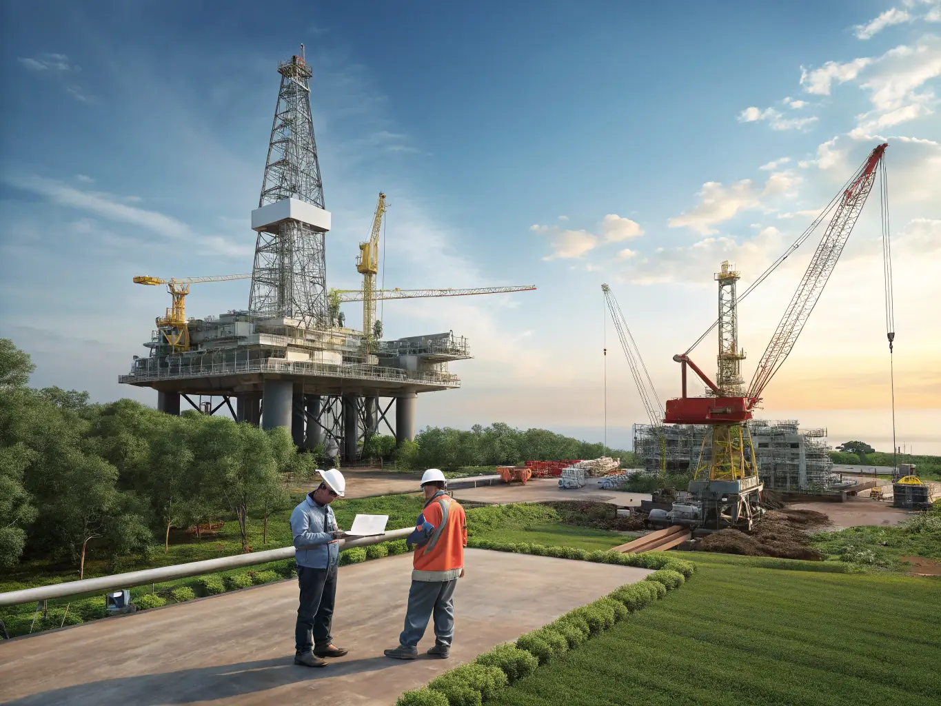 A high-resolution image of oil rigs and natural gas extraction equipment in Kazakhstan, showcasing Taraz Investment ТОО's operational environment