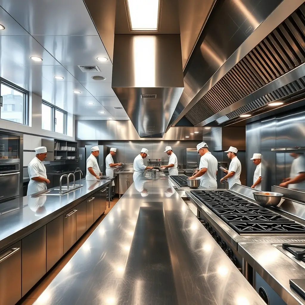 A wide-angle shot of a modern, spotless commercial kitchen. Prominent stainless steel exhaust hoods are visible above professional-grade cooking equipment. Chefs are working efficiently in the background, creating a sense of productivity and cleanliness.