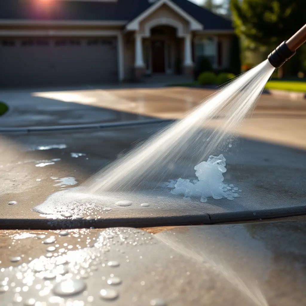 High-quality photo of a freshly power-washed driveway with a house in the background, showcasing the clean results. The right side of the image has a dark gradient overlay to ensure text readability.
