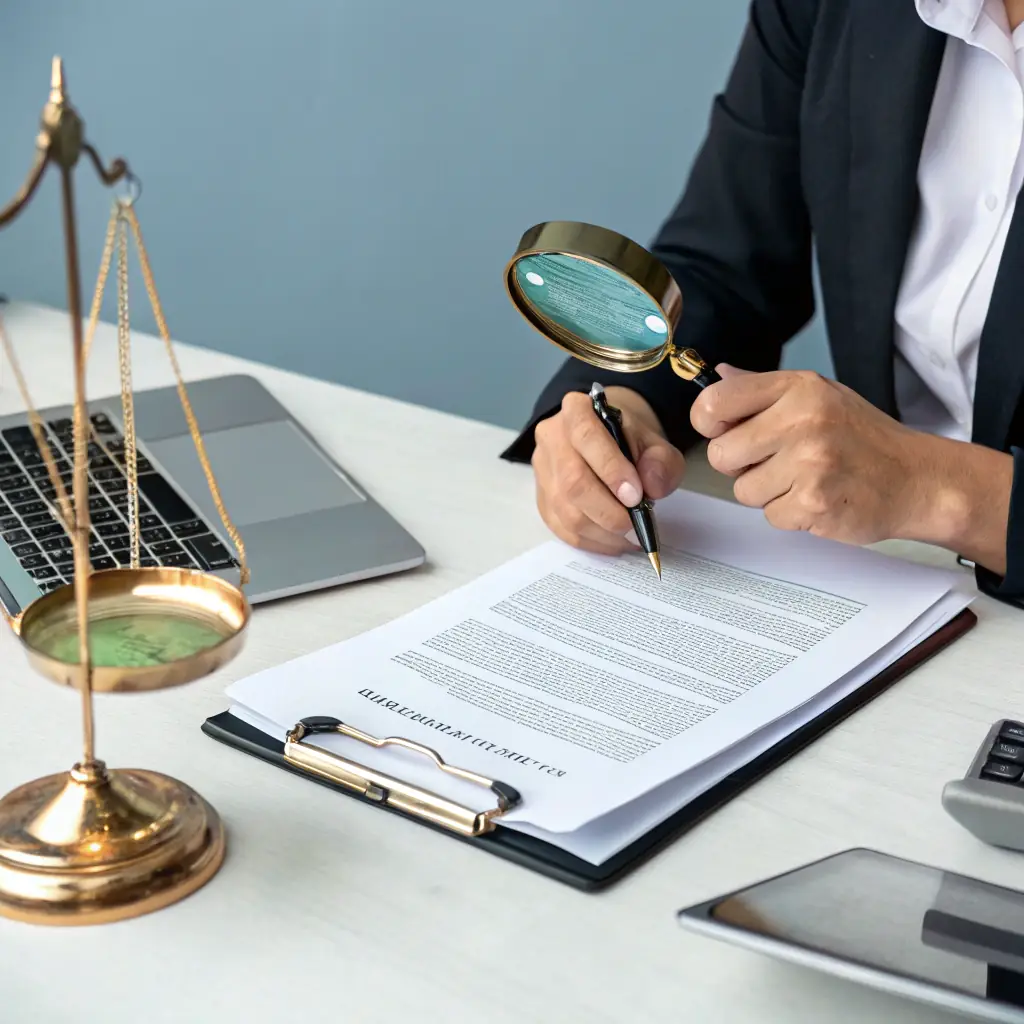 An image depicting a contract with fine print being examined under a magnifying glass, symbolizing the hidden risks in standard elevator maintenance agreements. The Argon Elevator Consulting logo should be subtly incorporated.