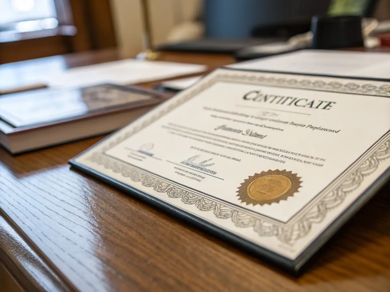 An image showcasing five professional licenses certificates displayed side-by-side, representing TrustPoint's expertise as a Legal Document Assistant, Realtor, Contractor, Tax Preparer, and Notary, set in a modern office environment.