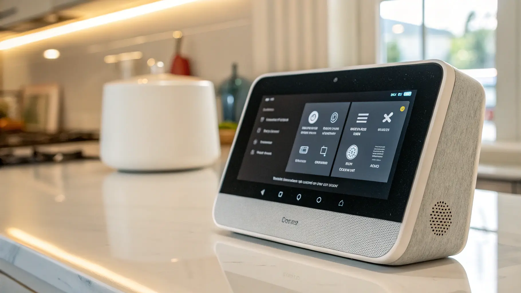 A clean, modern product shot showcasing a Voltino smart home device on a minimalist desk setup.