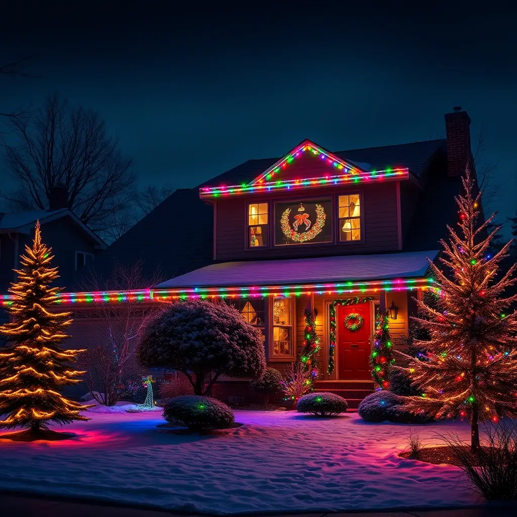 A brightly lit modern house at dusk, showcasing Govee Outdoor Pro permanent Christmas lights installed under the soffits. The lights are vibrant and evenly distributed, highlighting the architectural details of the house. The scene conveys a sense of festive elegance and professional installation.