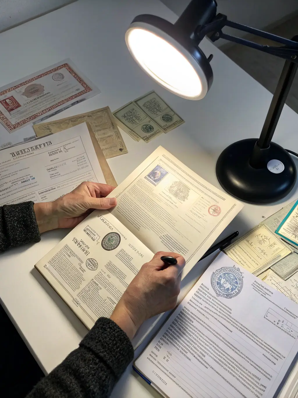 A detailed icon depicting a stack of neatly organized documents with a magnifying glass hovering over them, symbolizing thorough export documentation handling by Dravin International.