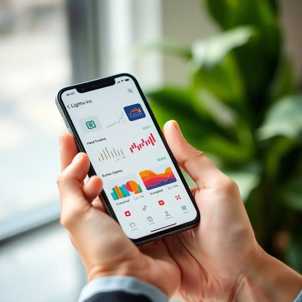 A modern smartphone displaying the Ligths Inc mobile app interface, showcasing financial charts and educational features, with a clean background suitable for a professional financial services website