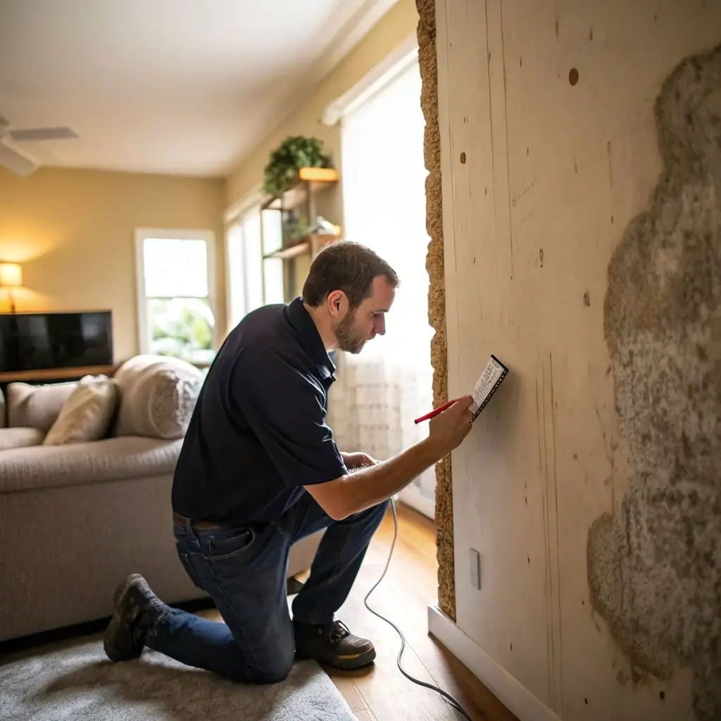 A Riverside Restoration technician in Ada, MI, wearing protective gear, carefully inspecting a wall for mold growth with professional equipment, ensuring a safe and thorough assessment.