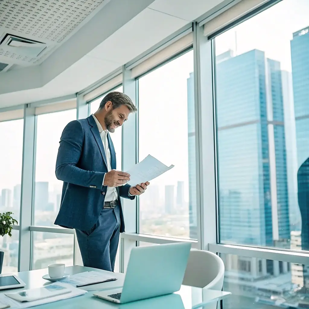 A concerned business owner is reviewing an ADA compliance checklist or law book in a well-lit, professional office setting. The shot is taken from a side angle to convey a sense of seriousness and focus on compliance.