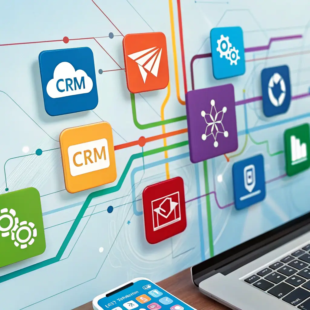 An illustration of various SaaS software categories icons arranged in a visually appealing manner, representing CRM, ERP, project management, and other solutions offered by Saaspartout.