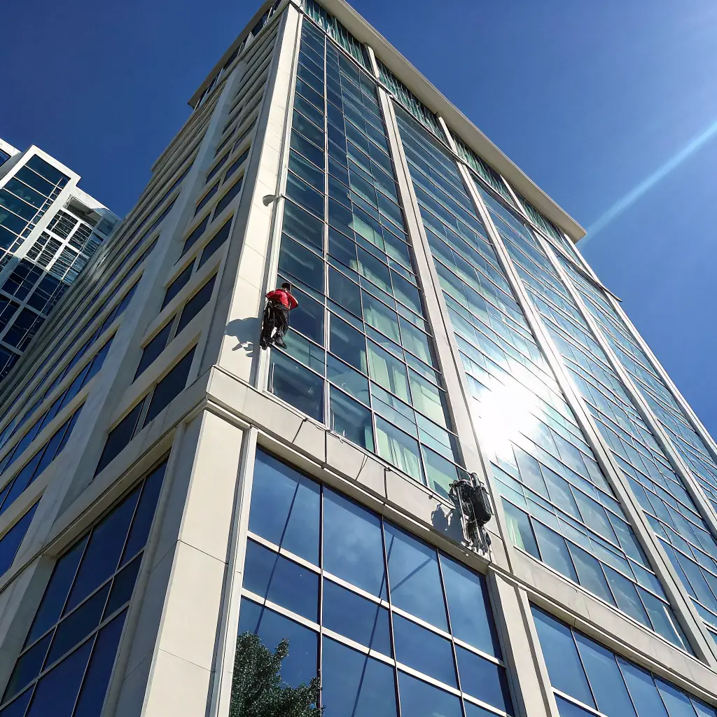A modern glass facade of a commercial building being cleaned using both a drone and a worker using an osmosis cleaning system. The image should convey innovation, safety, and efficiency.