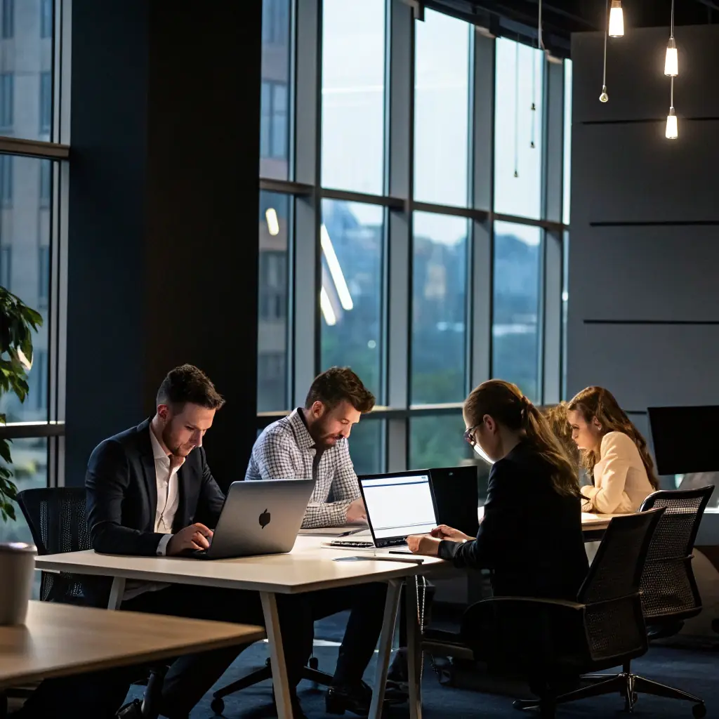 An image of a modern co-working space with people using laptops and phones, subtly showcasing a MONSTER CHARGE station in the background.