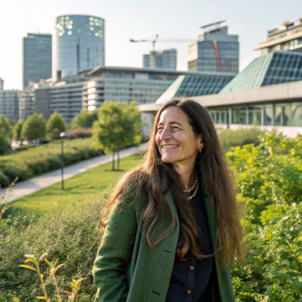 Eve has a stylish haircut and wears a blazer, always focused on the latest e-bike innovations.