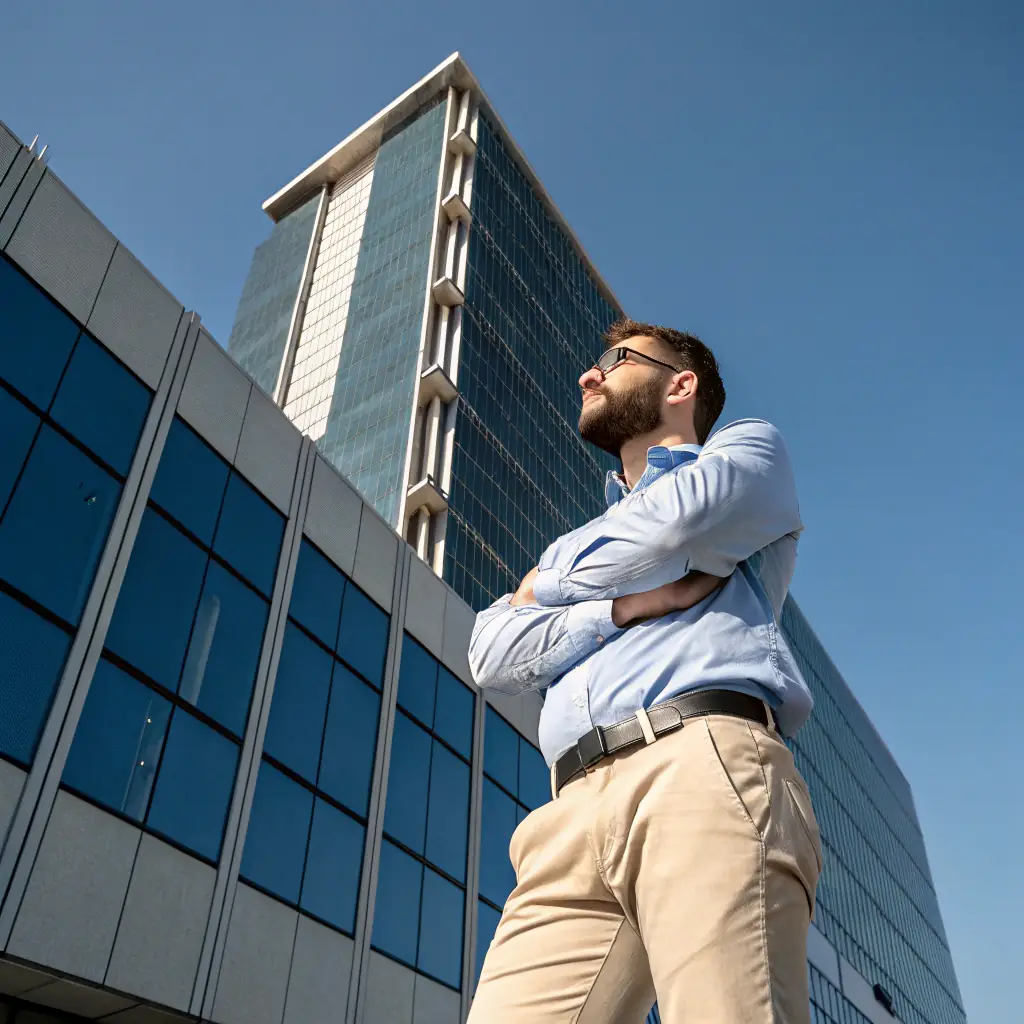 Bob has a neatly trimmed beard and wears a blue button-down shirt, looking confident and professional.
