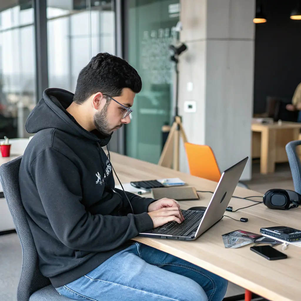Harry has a focused look and wears a hoodie, constantly working on enhancing the user experience.