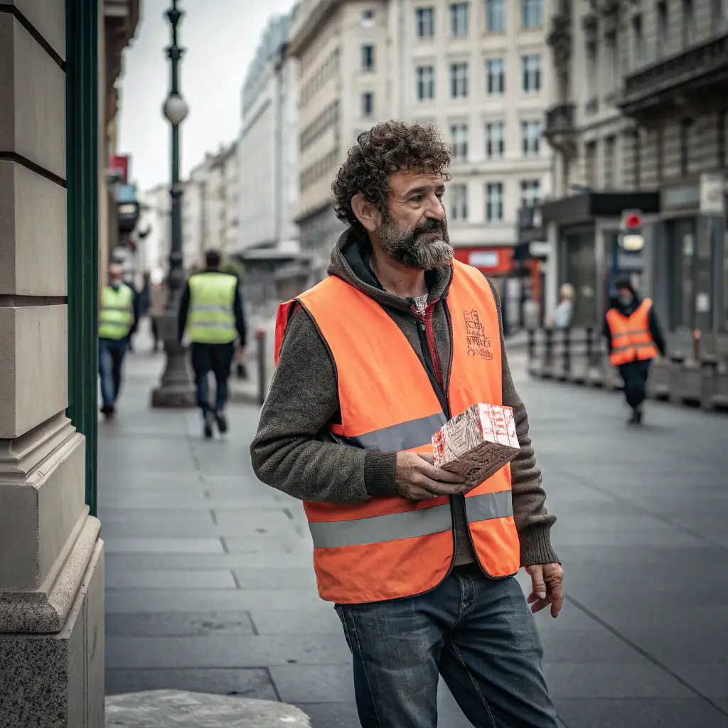 Frank has a serious expression and wears a safety vest, ensuring efficient delivery processes.
