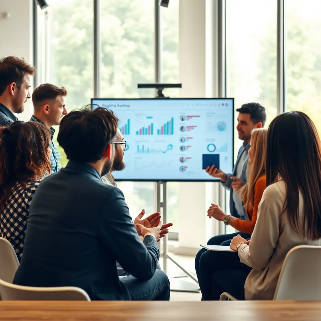 A team of marketing experts collaborating on a digital marketing strategy in a modern office environment, showcasing AgenWora's expertise and innovative approach.