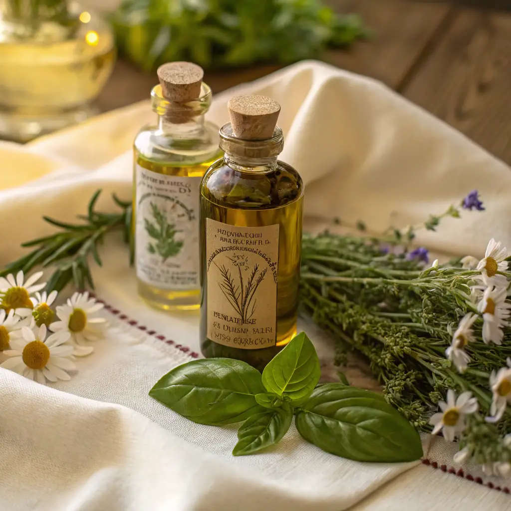 A close-up shot of various homemade balms, lotions, and tinctures in sustainable glass jars, with fresh herbs scattered around. The background should be a rustic wooden table, emphasizing the natural and homemade aspect of the products.