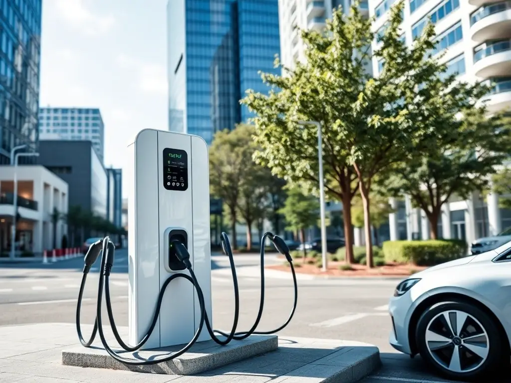 A modern electric vehicle charging station with sleek design, set in an urban environment, showcasing advanced charging technology