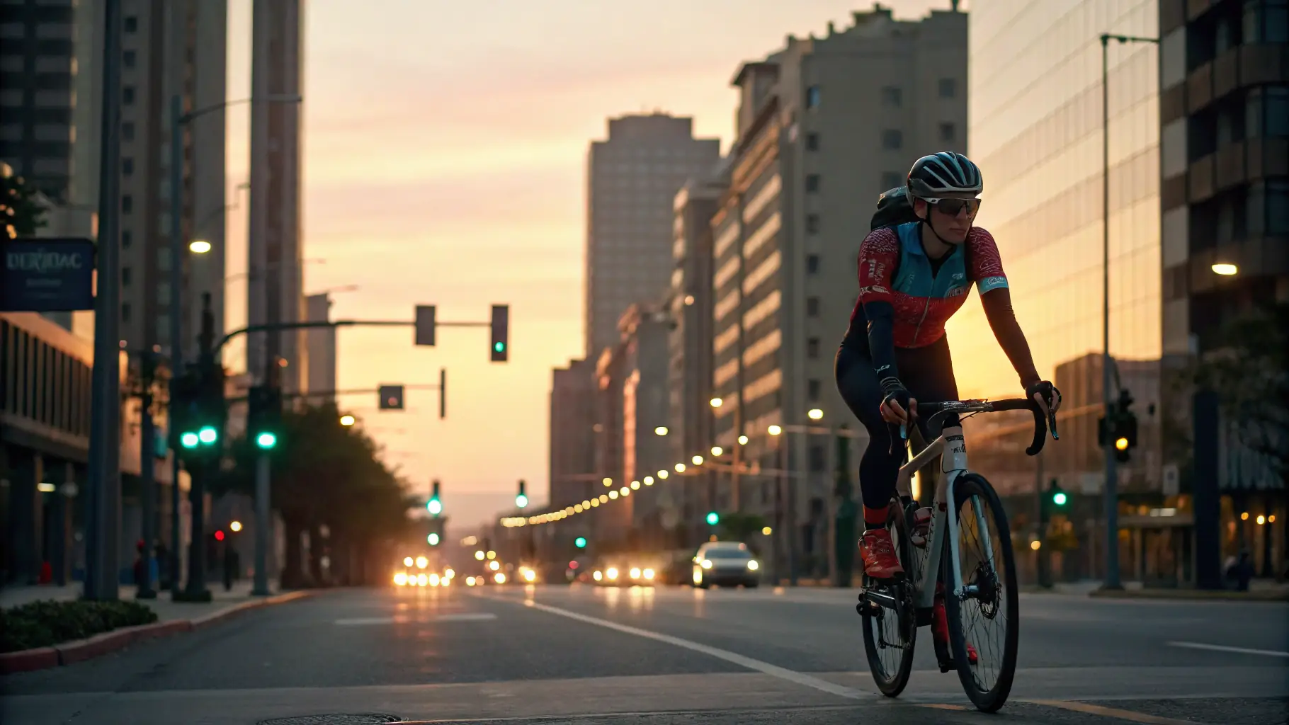 A cyclist rides through downtown St. Petersburg, Florida, with modern buildings and palm trees in the background.
