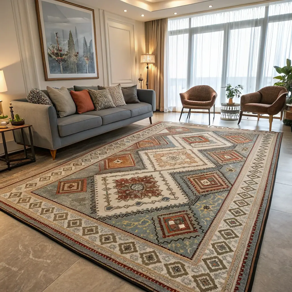 A professionally installed carpet in a modern living room, showcasing the quality and precision of NextGen Exports' installation services. The room is well-lit and inviting, highlighting the carpet as a key design element.