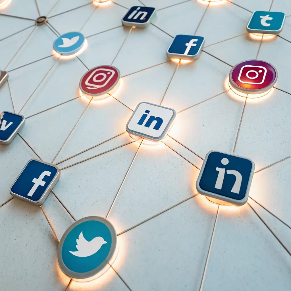 A visual network of interconnected social media platform icons (Facebook, Instagram, LinkedIn, Twitter, Pinterest), with data streams flowing between them, and a subtle AI brain icon in the center, symbolizing AI-Informed Targeting and understanding platform interaction.