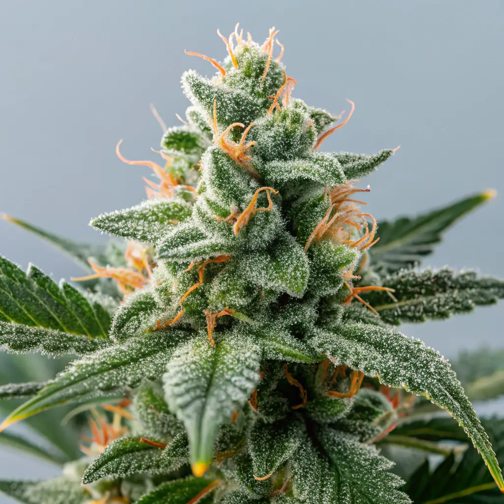 A close-up shot of Cookies Blue Suede Flower DC buds, showcasing their dense structure and vibrant colors, with a subtle MrGreenDc logo in the background to indicate availability.