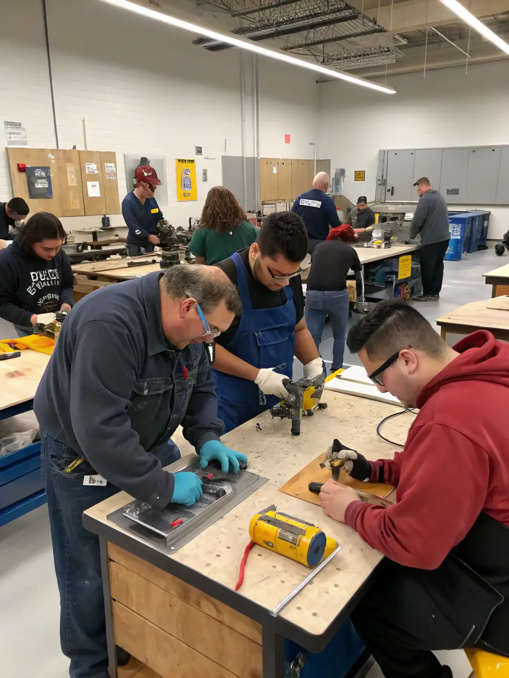 A dynamic image of participants engaged in a skill training workshop, learning practical skills like carpentry or cooking.