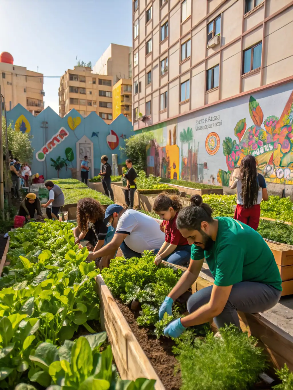 A picturesque image of a community garden with lush crops, highlighting FESTRA's sustainable farming initiatives.