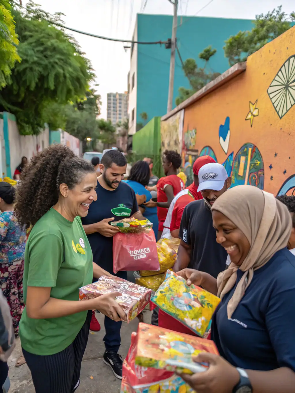 A vibrant image of volunteers distributing food packages to families in a community setting, emphasizing the impact of the Food Security Program.