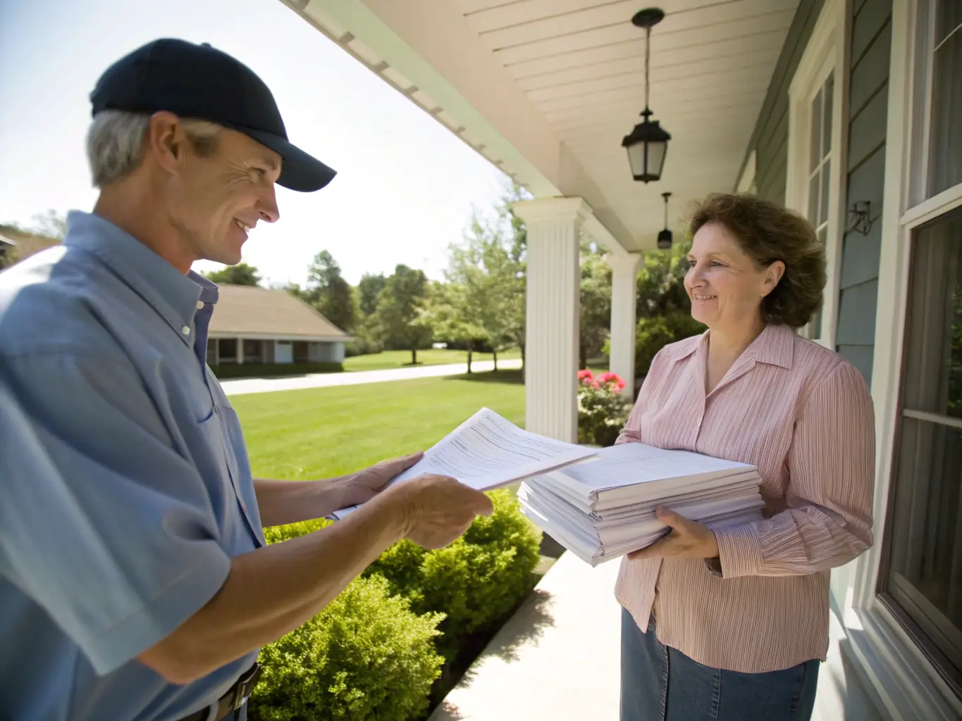 A professional landlord serving a three-day notice to a tenant at their doorstep, emphasizing the initial steps in an unlawful detainer case.