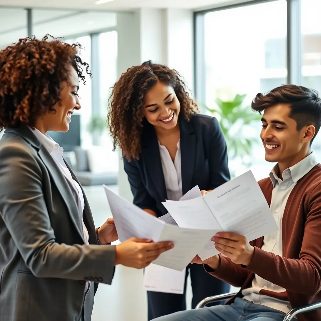 A professional consultant assisting a client with their visa application documents in a modern office setting, symbolizing trust and expertise.