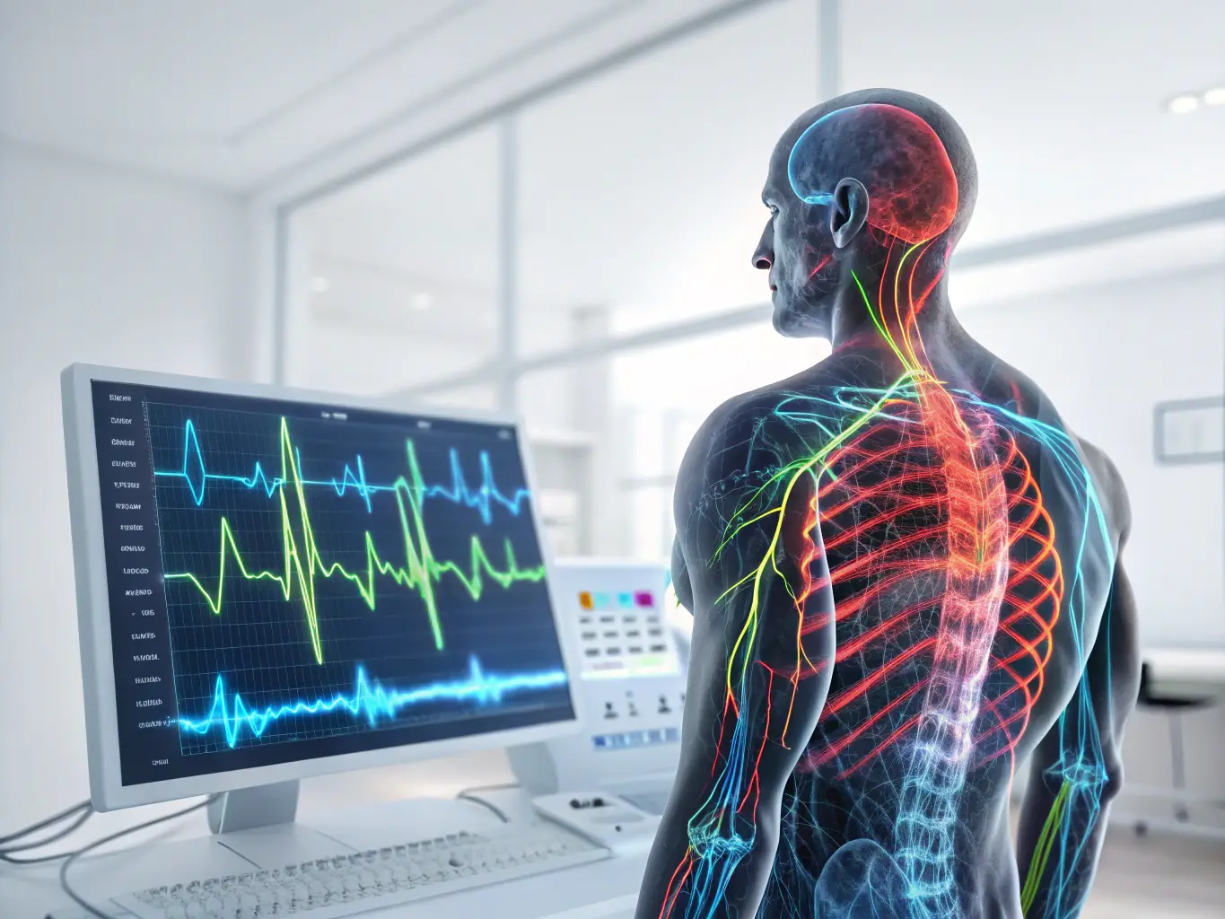 Illustration of Muscle Intelligence™️ technology in action, showing the device connected to a patient's muscle and displaying real-time data.