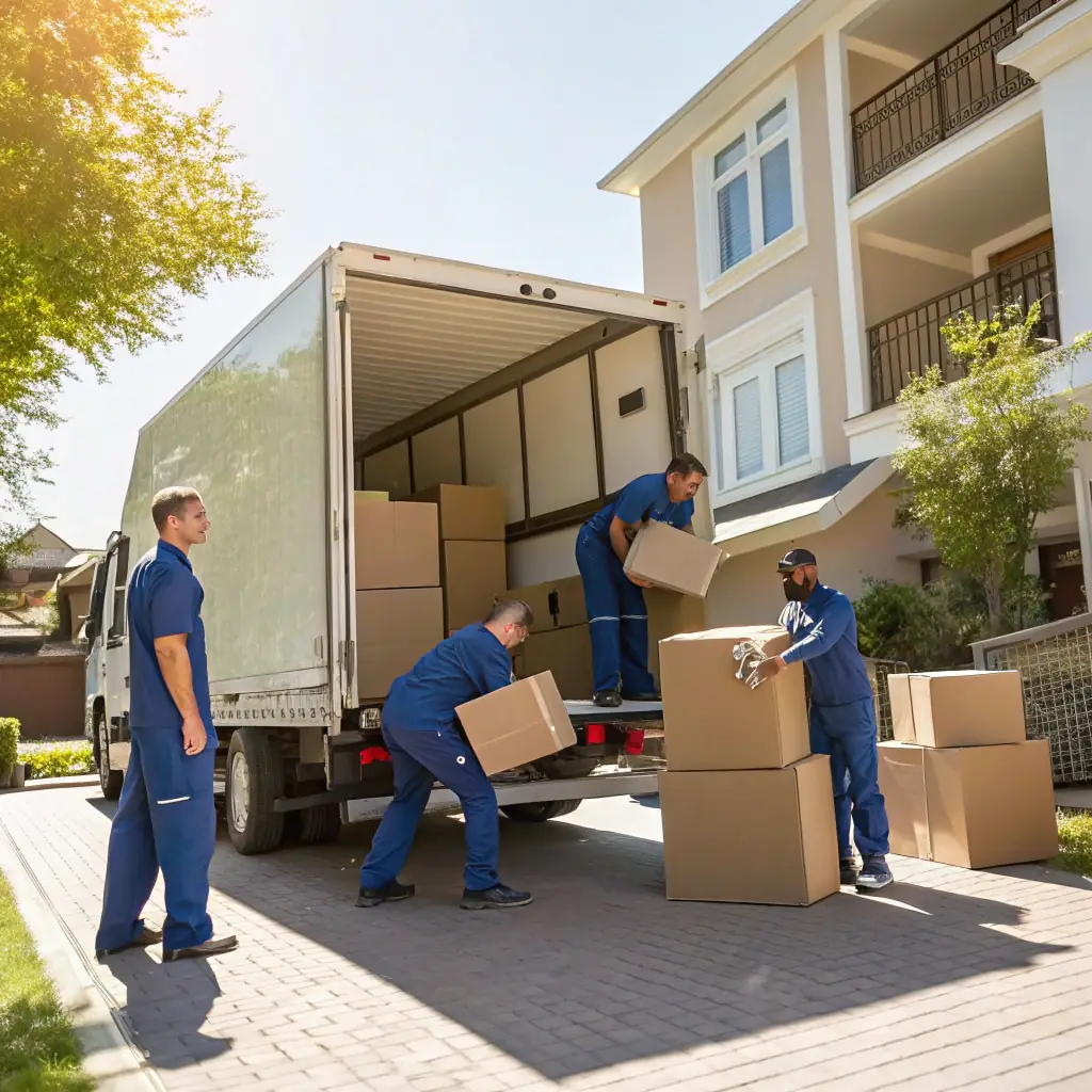 a professional team of movers loading a truck in a modern, well-lit warehouse, emphasizing reliability and efficiency
