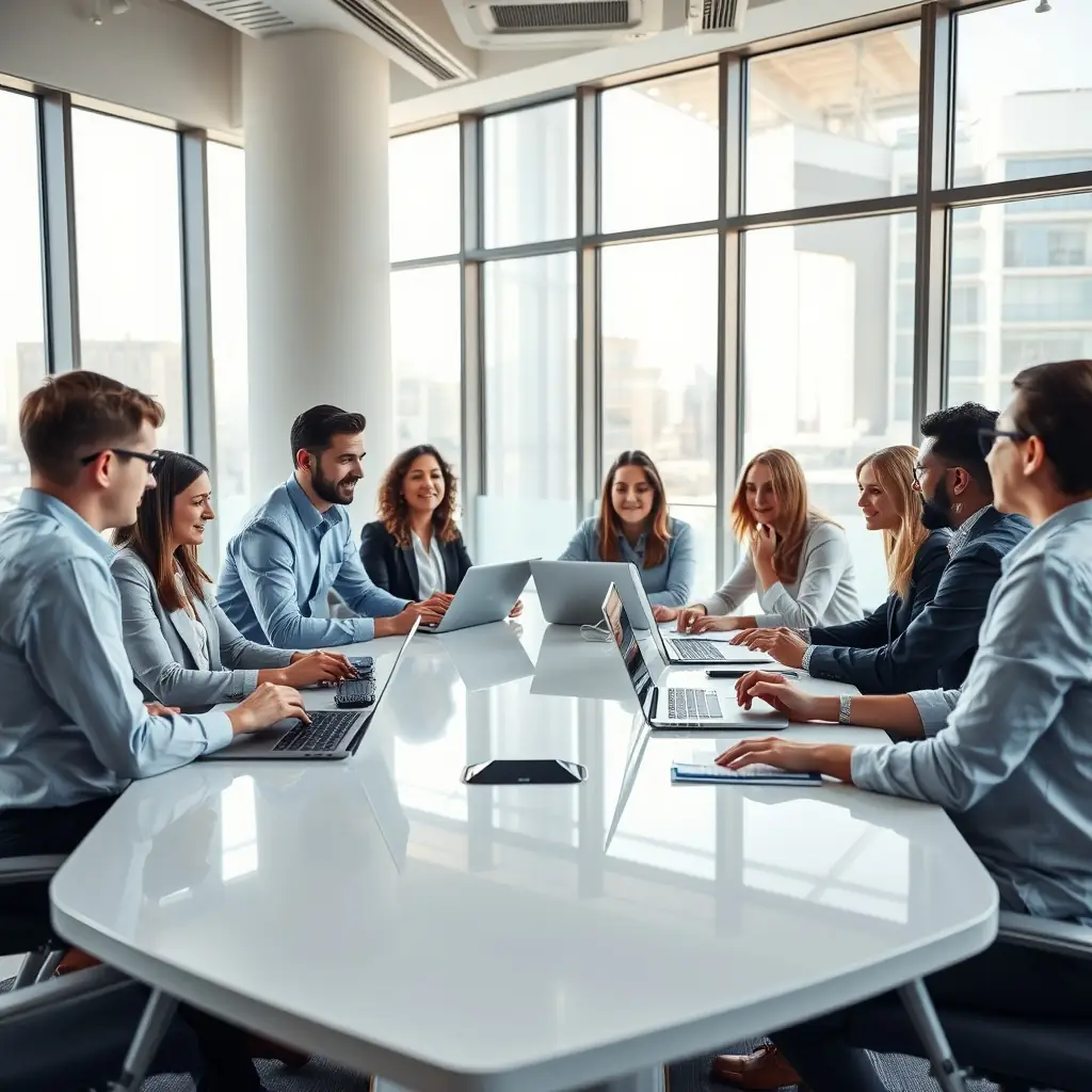 A diverse team collaborating in a modern office, showcasing teamwork and technology.