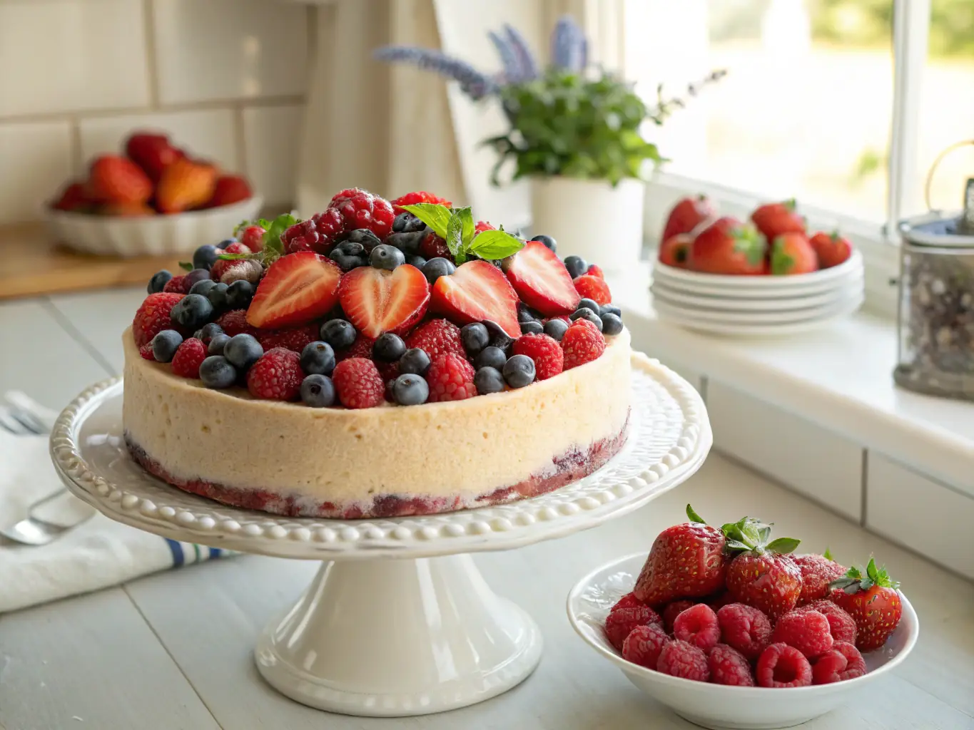 A delicious and healthy cake made with organic ingredients, topped with fresh fruits and nuts.