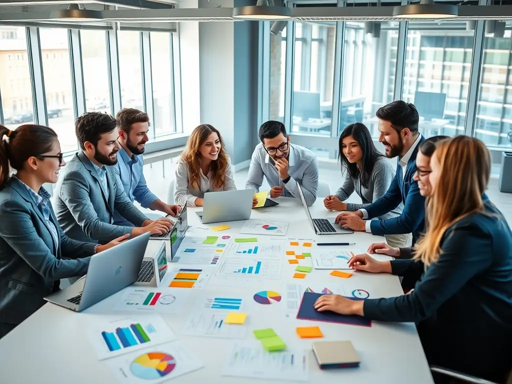 A dynamic image featuring a team brainstorming social media content ideas, representing the 'Growth' package. The team should be diverse and engaged, with laptops and tablets displaying social media platforms.