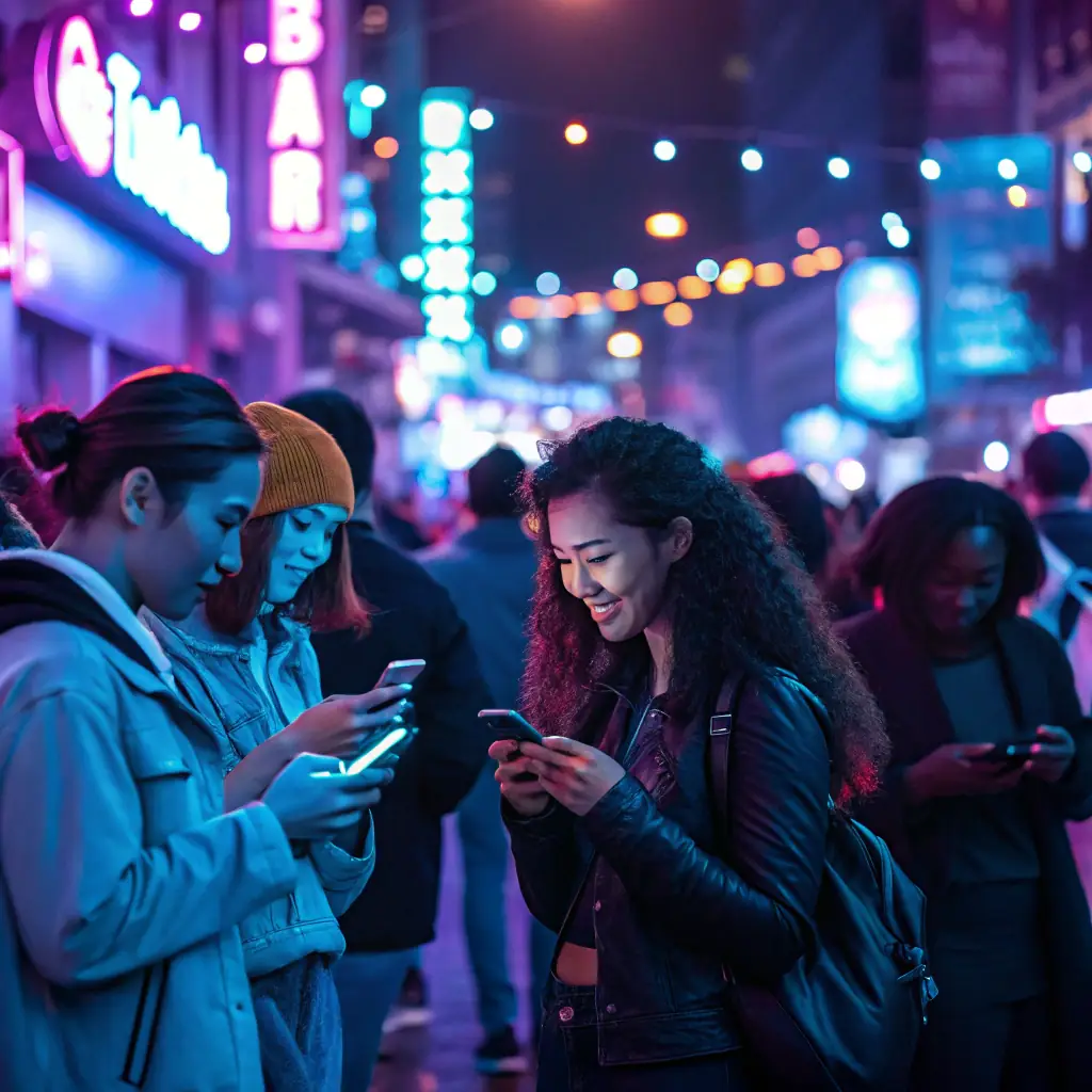A vibrant nightlife scene with diverse music genres, ocean views, and cutting-edge tech visuals, capturing the essence of Hawai'i's entertainment culture.