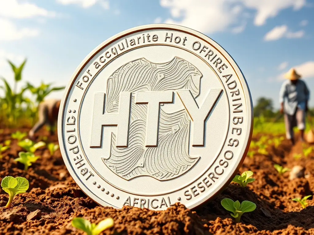 A 3D rendering of the HTY token in silver, with a background showing people working on a farm in Africa. The image represents the token's role in supporting agriculture projects in Africa.
