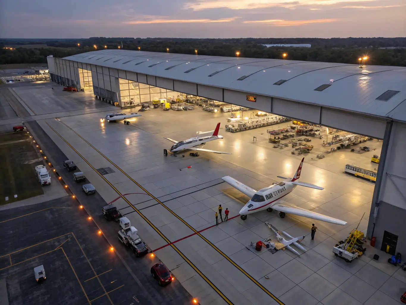 Image of an aircraft maintenance hangar with compliance documentation
