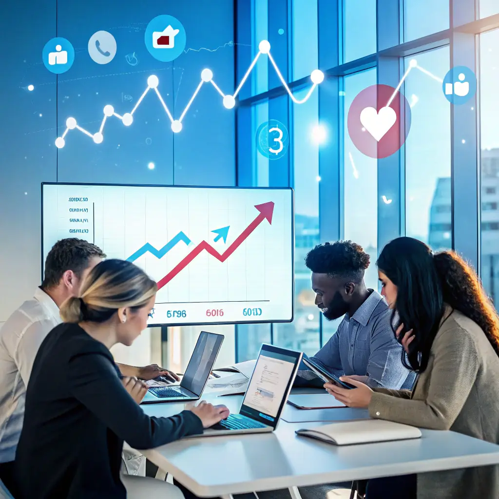 An image depicting a downward trending graph with a red arrow, symbolizing declining deal values due to excessive discounting. The setting is a modern office environment, suggesting a business context.
