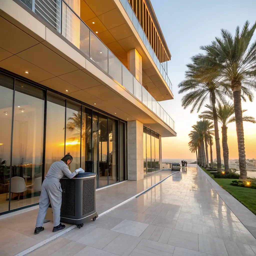 A modern villa in Al Khawaneej, Dubai, with technicians performing maintenance work, emphasizing the premium quality and attention to detail provided by Technical Services Illustration V2.