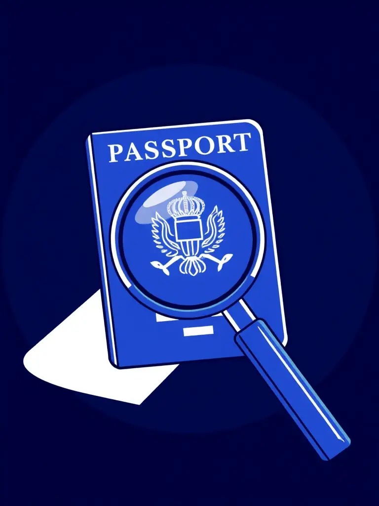 An icon representing identity verification, such as a document or a magnifying glass over a passport. The icon should be simple and easily recognizable, symbolizing the validation process.